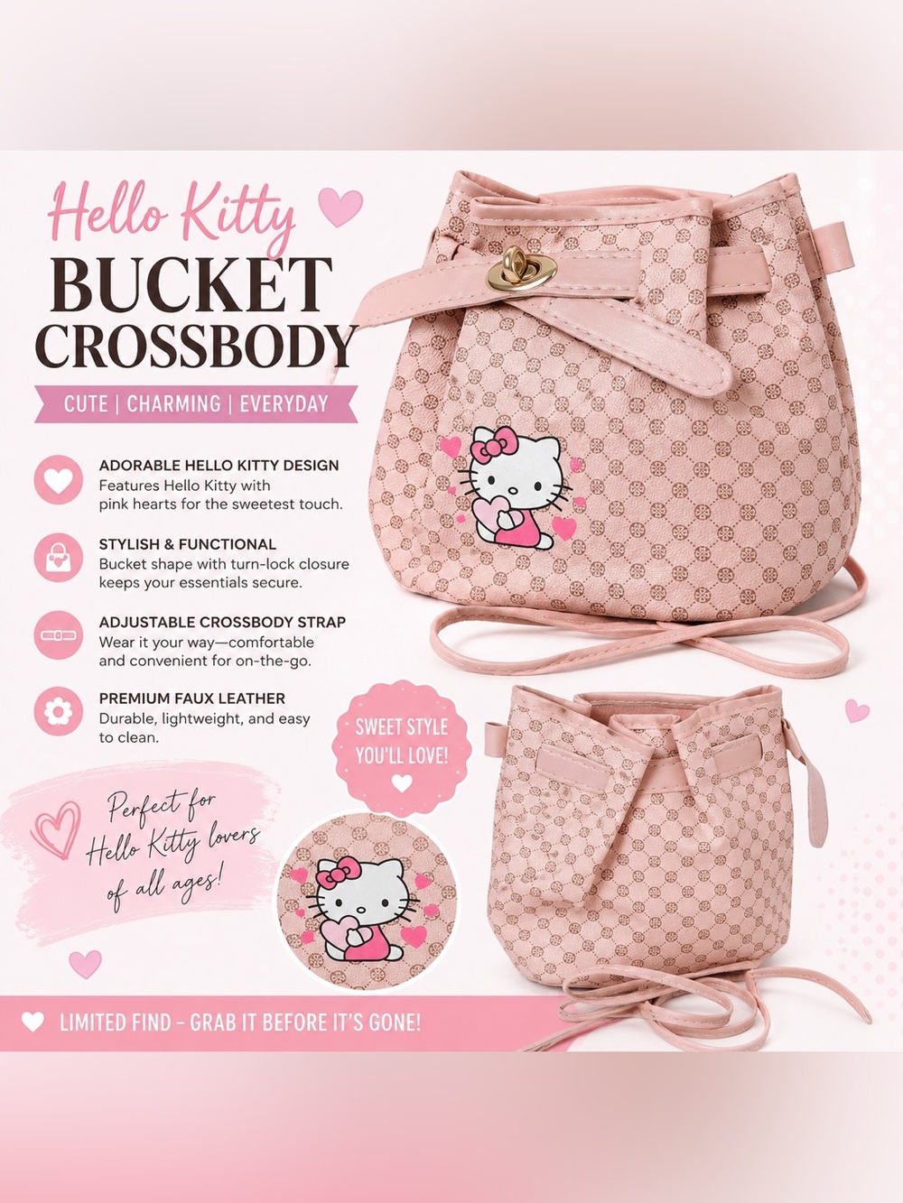 Hello Kitty Pink Faux Leather Bucket Crossbody Purse